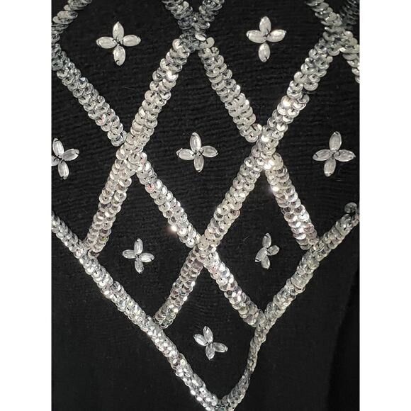Vintage 80s 90s Samantha Starr Black Silver Sequin Silk Angora Sweater Women's L - Picture 4 of 8